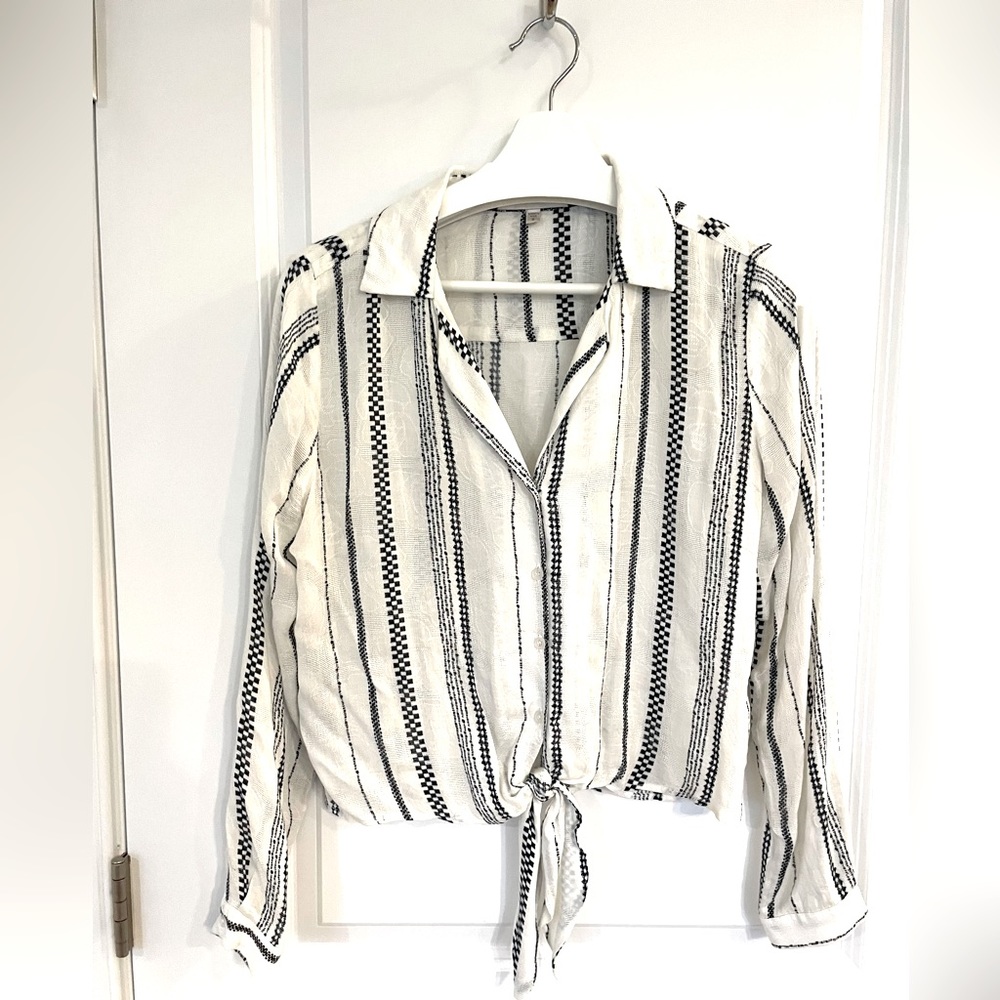 - Lavender Brown tie-front button down. Slightly cropped.
